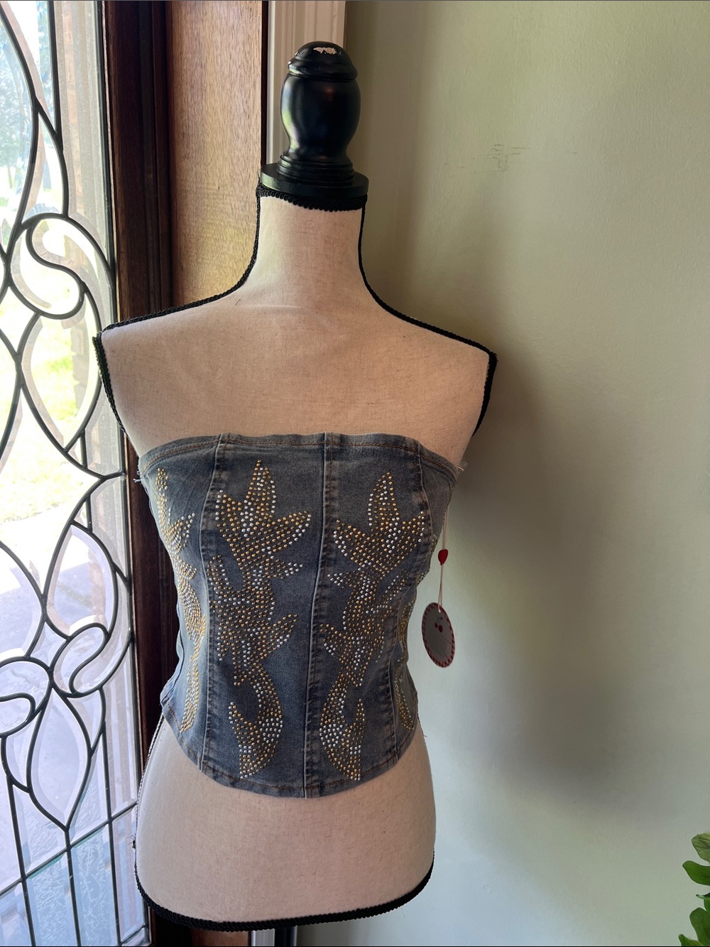 Embellished Denim Strapless Bustier Top - Blue with Gold & Silver Studs